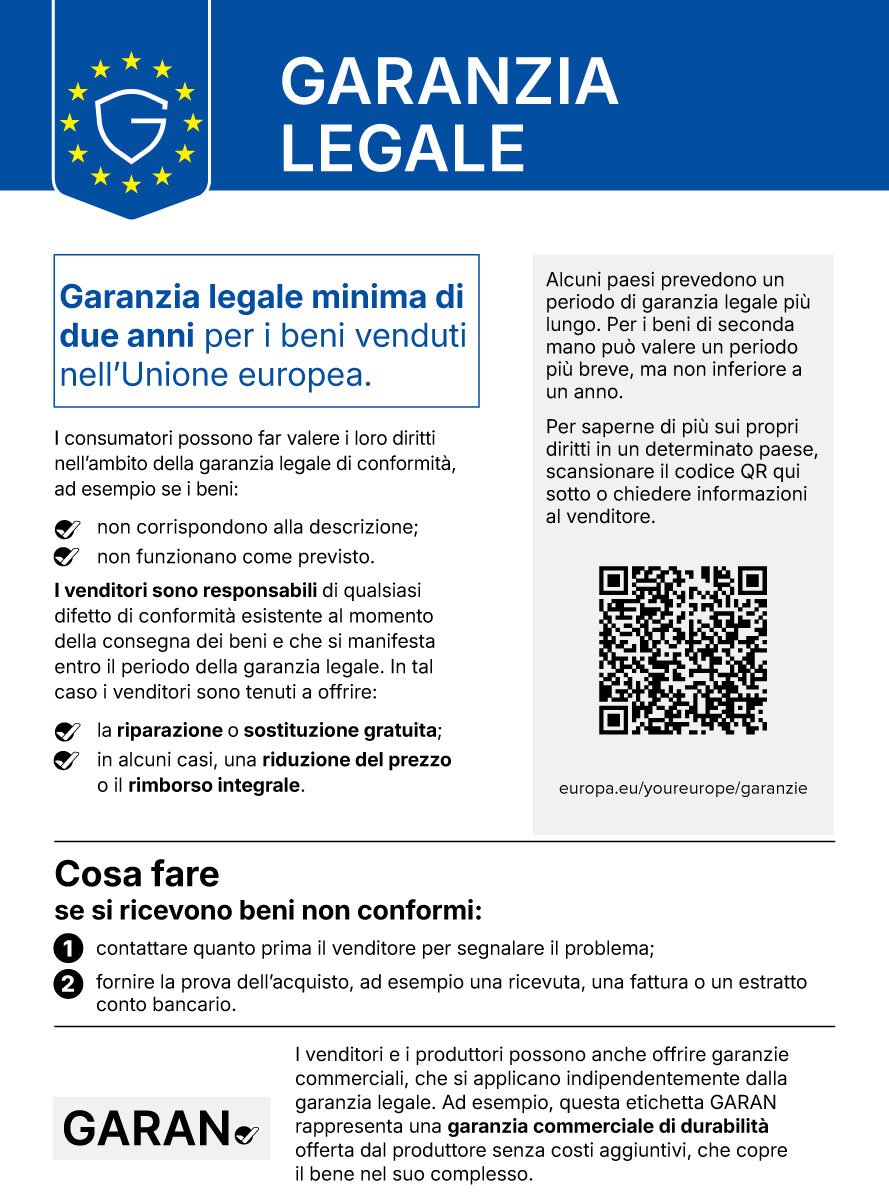 Avviso armonizzato dell'Unione europea sulla garanzia legale: garanzia legale minima di due anni per i beni venduti nell'Unione europea.